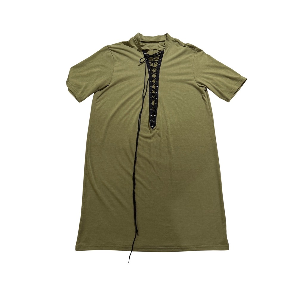Olive Lace Up Tunic Top Medium Festival Grunge Longline Stretch Y2K Streetwear